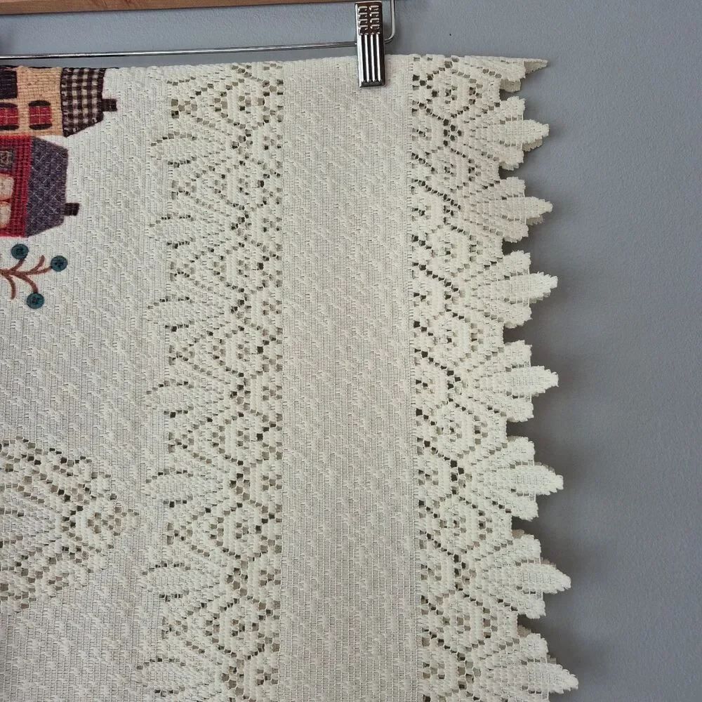 VTG Cream Cottage Core Little House Embroidered Long Buffet Runner 87 x 20 IN